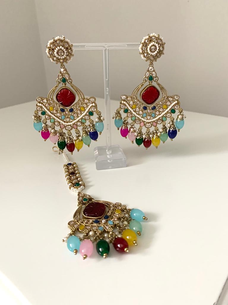 Multi-Coloured Gold Earrings with Tikka