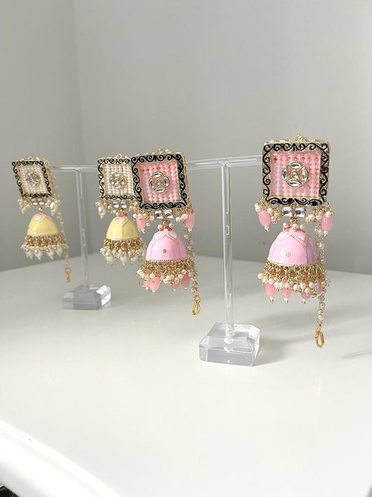 Square Hand-Painted Pink or Yellow Jhumka