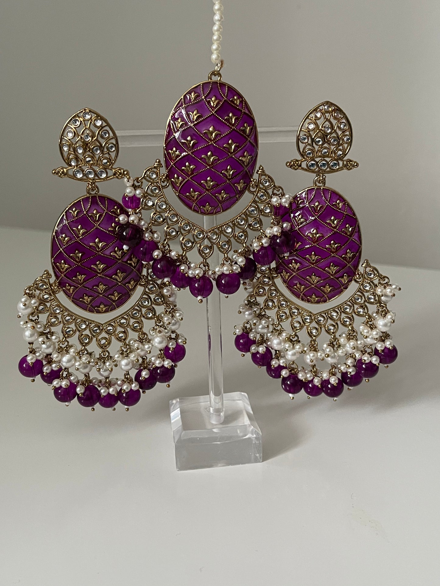 Purple Meenakari Earrings and Tikka Set