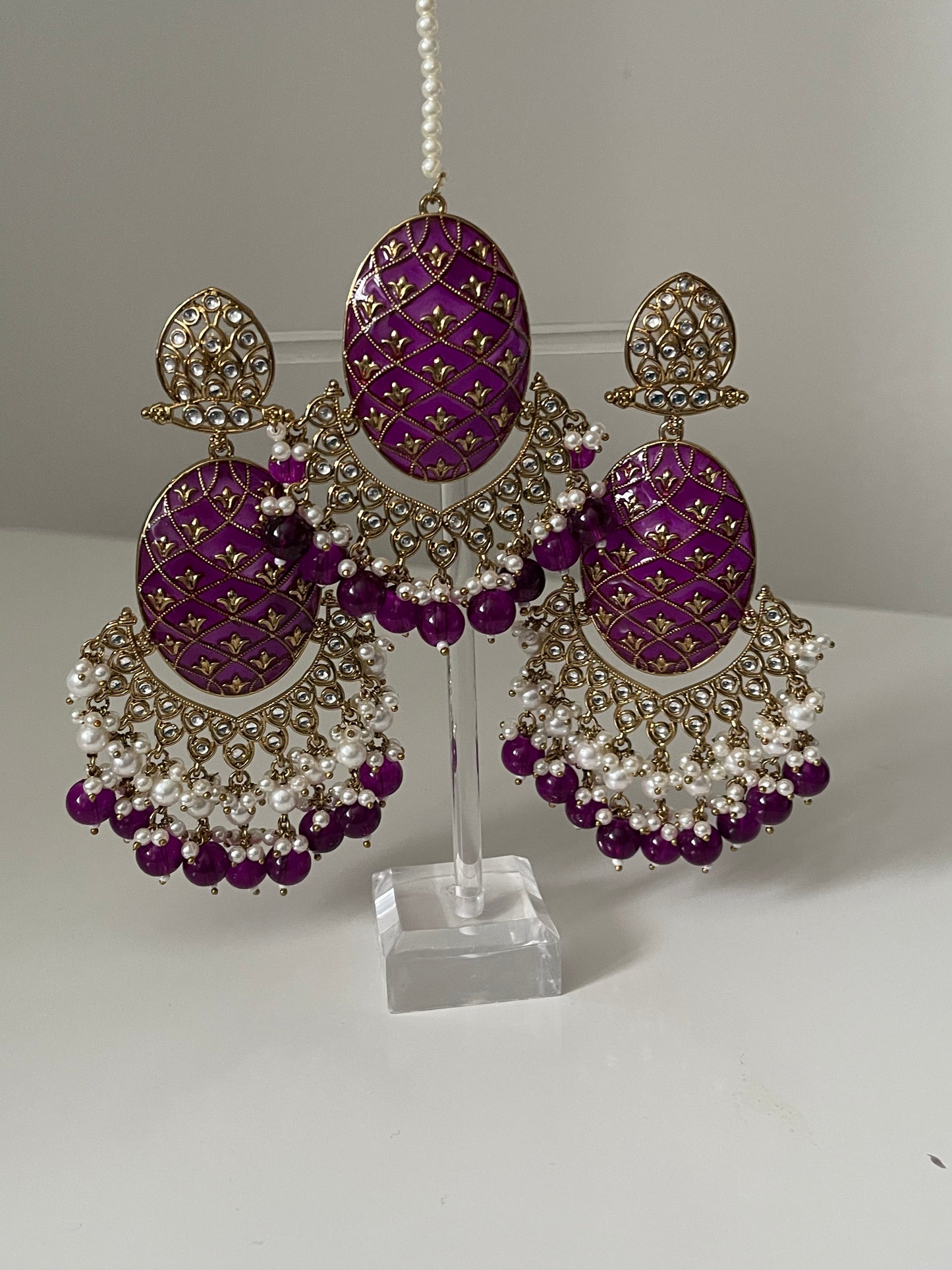 Purple Meenakari Earrings and Tikka Set