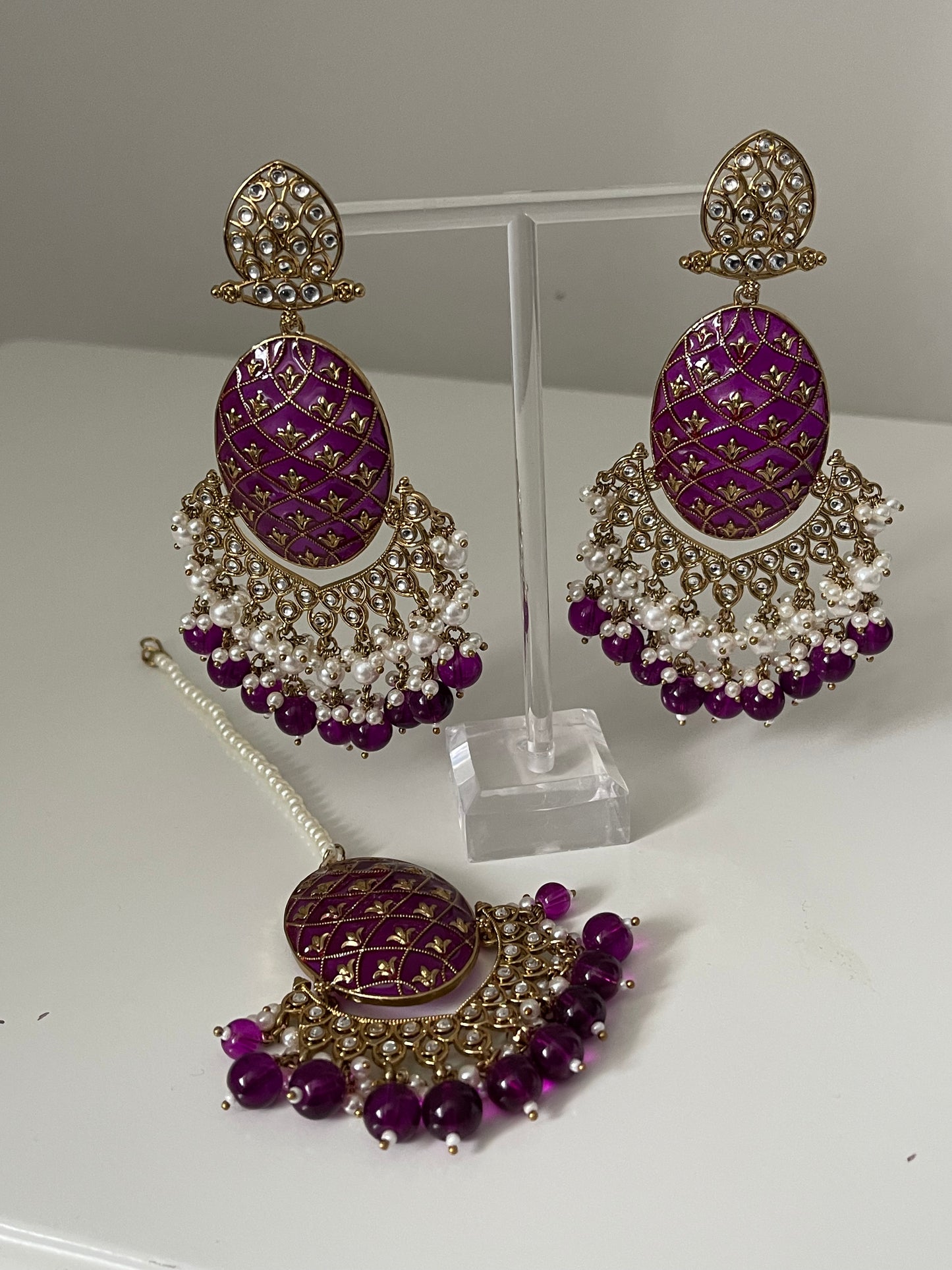 Purple Meenakari Earrings and Tikka Set