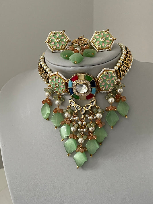 Multicolour, Mint Kundan Set