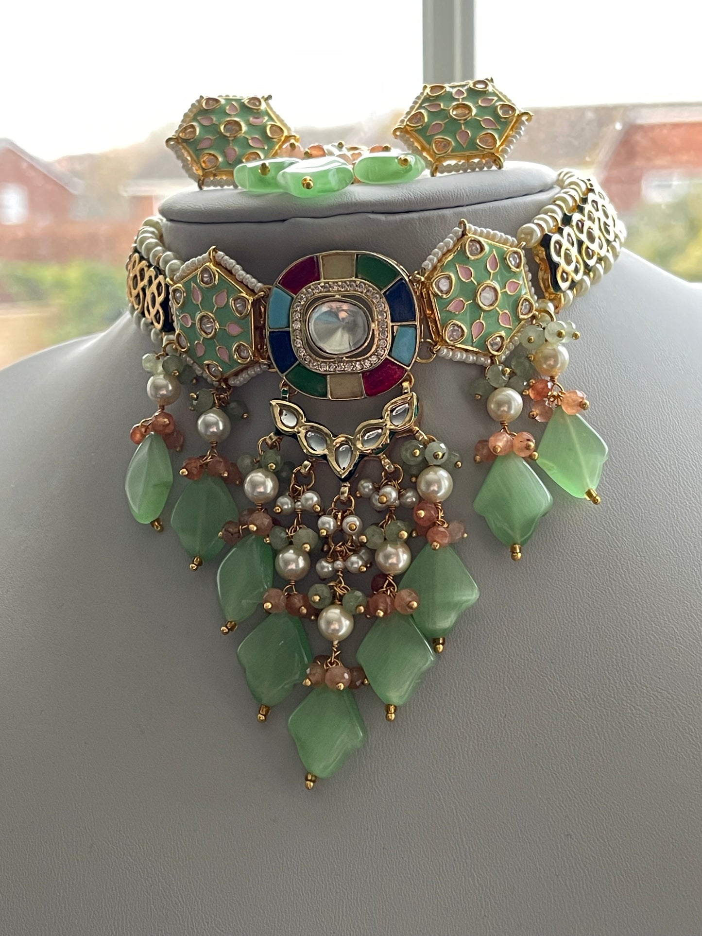 Multicolour, Mint Kundan Set