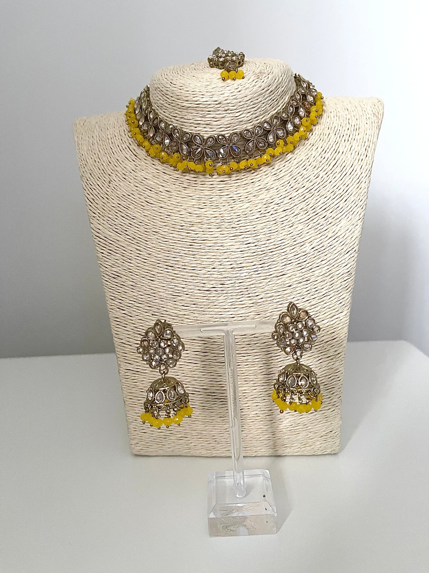 Yellow Polki Choker Set with Earrings and Tikka