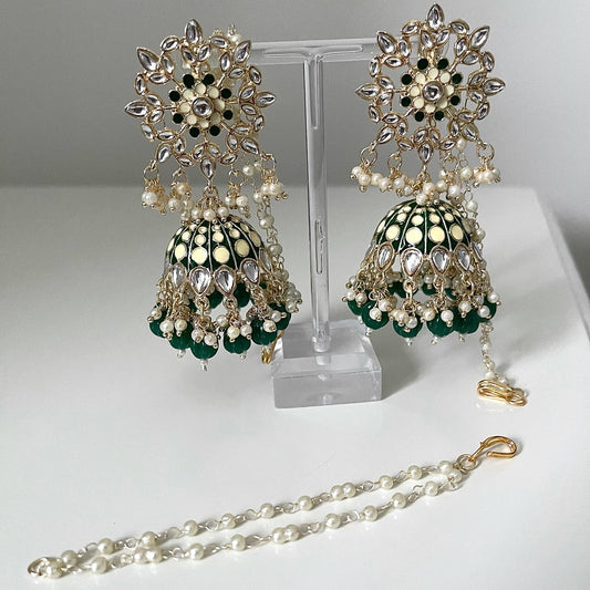 Hand-painted Green Jhumka Earrings